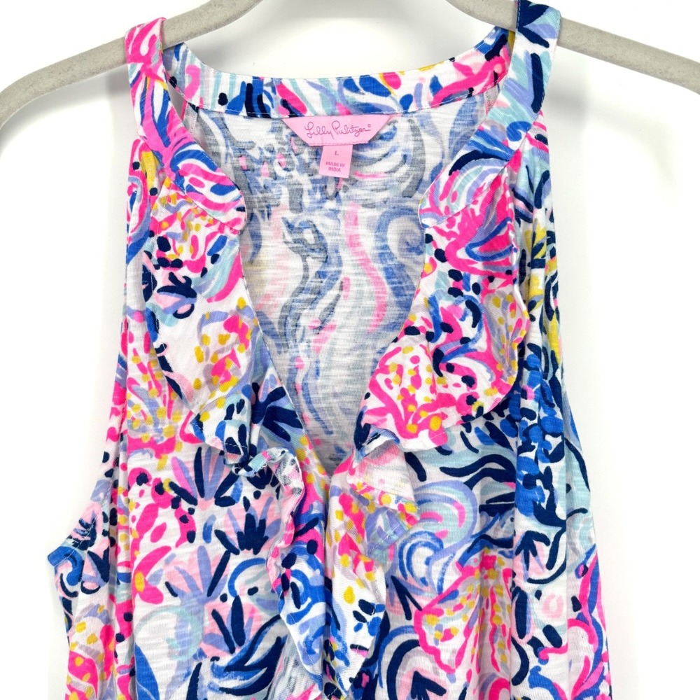 Lilly Pulitzer Shay Ruffle Dress Sz L So Sofishticated Print Pink Blue Preppy - Picture 5 of 12